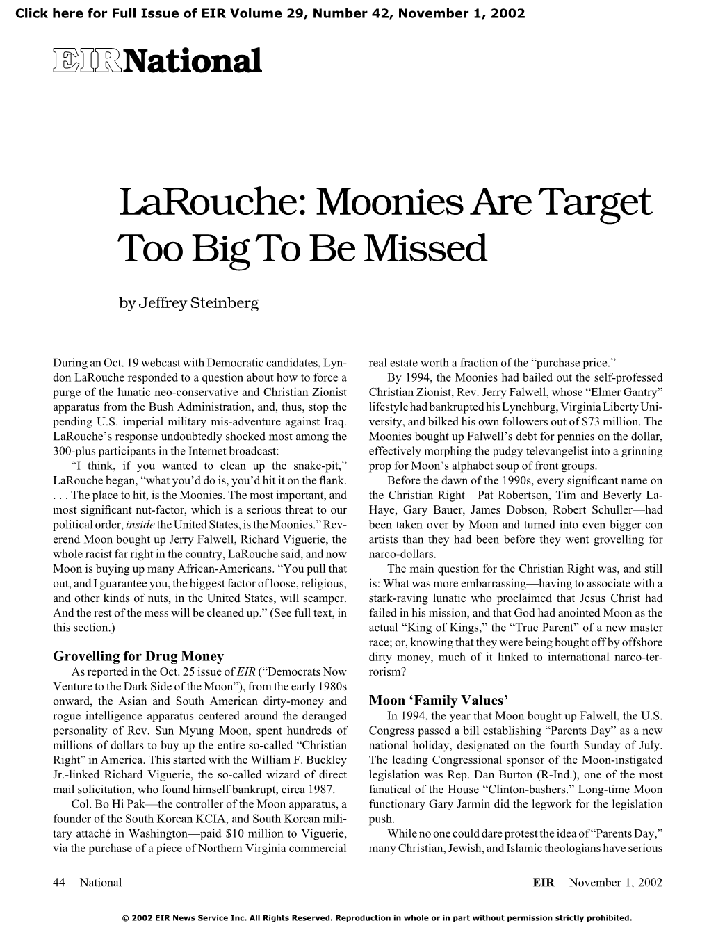 Larouche: Moonies Are Target Too Big to Be Missed