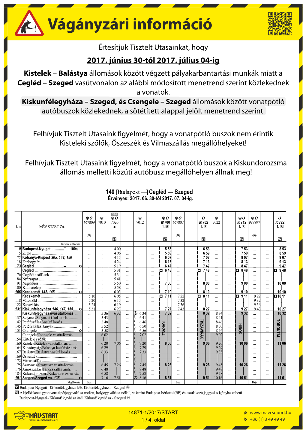 Balástya Állomások Között Végzett Pályakarbantartási Munkák Miatt a Cegléd – Szeged Vasútvonalon Az Alábbi Módosított Menetrend Szerint Közlekednek a Vonatok