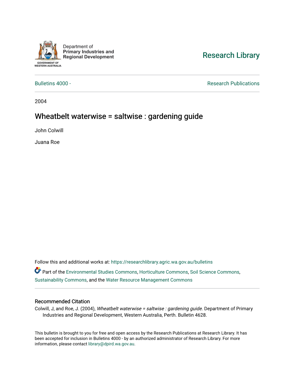 Wheatbelt Waterwise = Saltwise : Gardening Guide