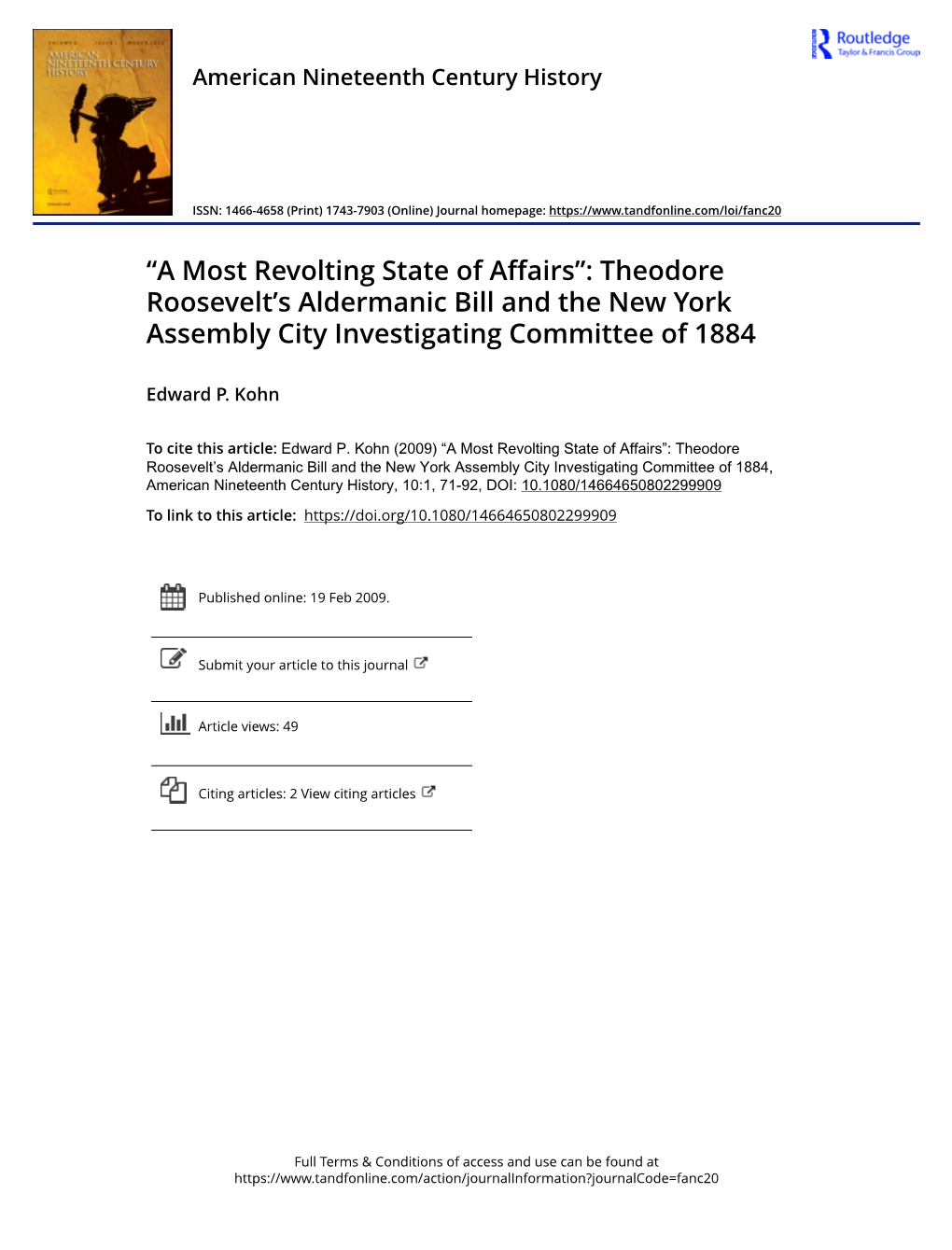 “A Most Revolting State of Affairs”: Theodore Roosevelt's Aldermanic