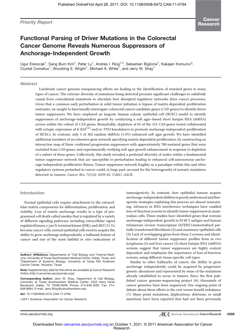 Functional Parsing of Driver Mutations in the Colorectal Cancer Genome Reveals Numerous Suppressors of Anchorage-Independent Growth