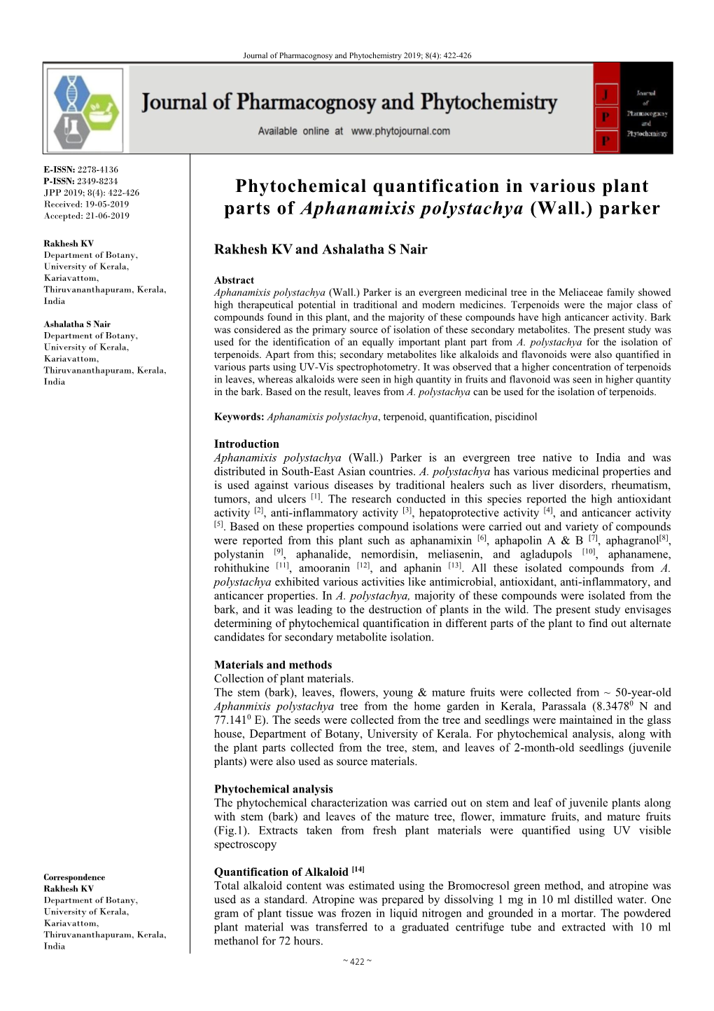 Phytochemical Quantification in Various Plant Parts of Aphanamixis