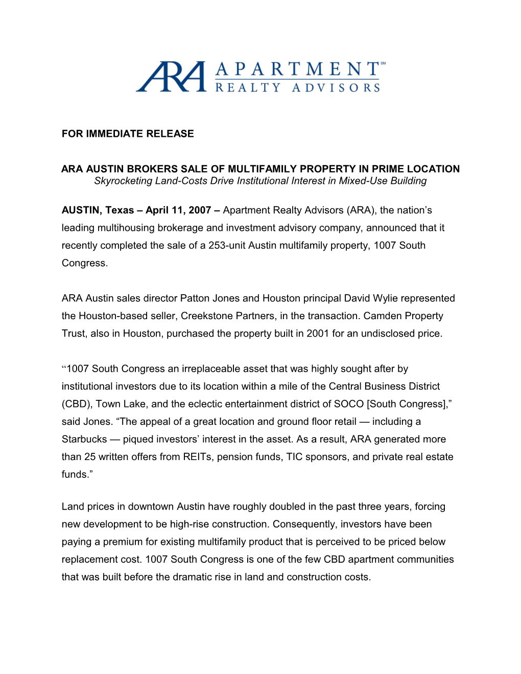 Ara Austin Brokers Sale of Multifamily Property in Prime Location