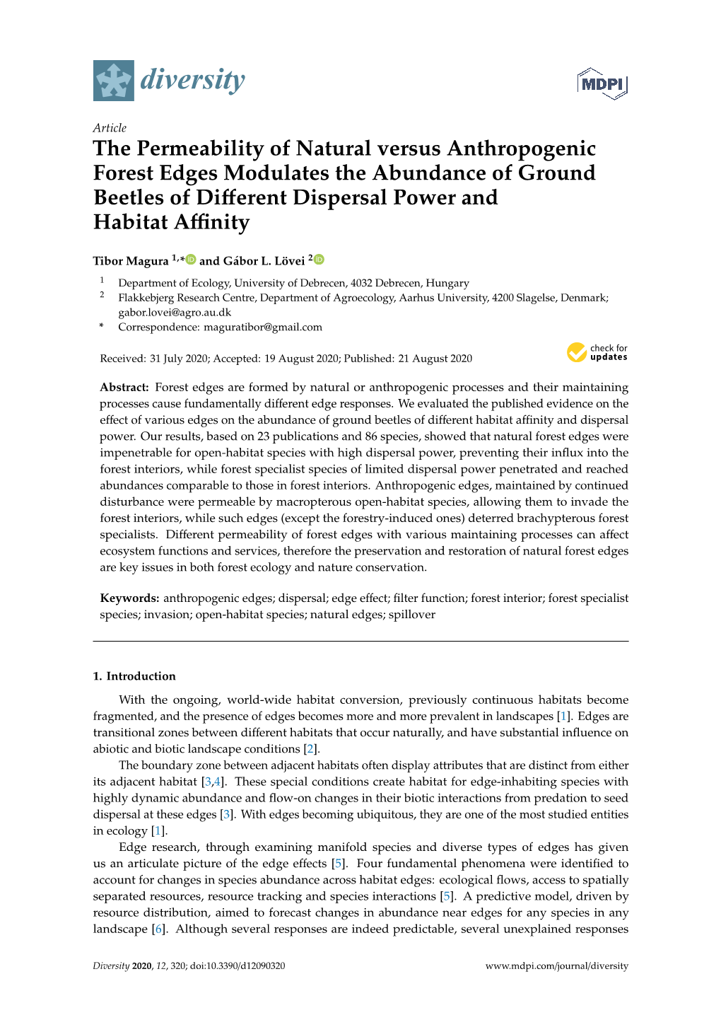 The Permeability of Natural Versus Anthropogenic Forest Edges Modulates the Abundance of Ground Beetles of Diﬀerent Dispersal Power and Habitat Aﬃnity