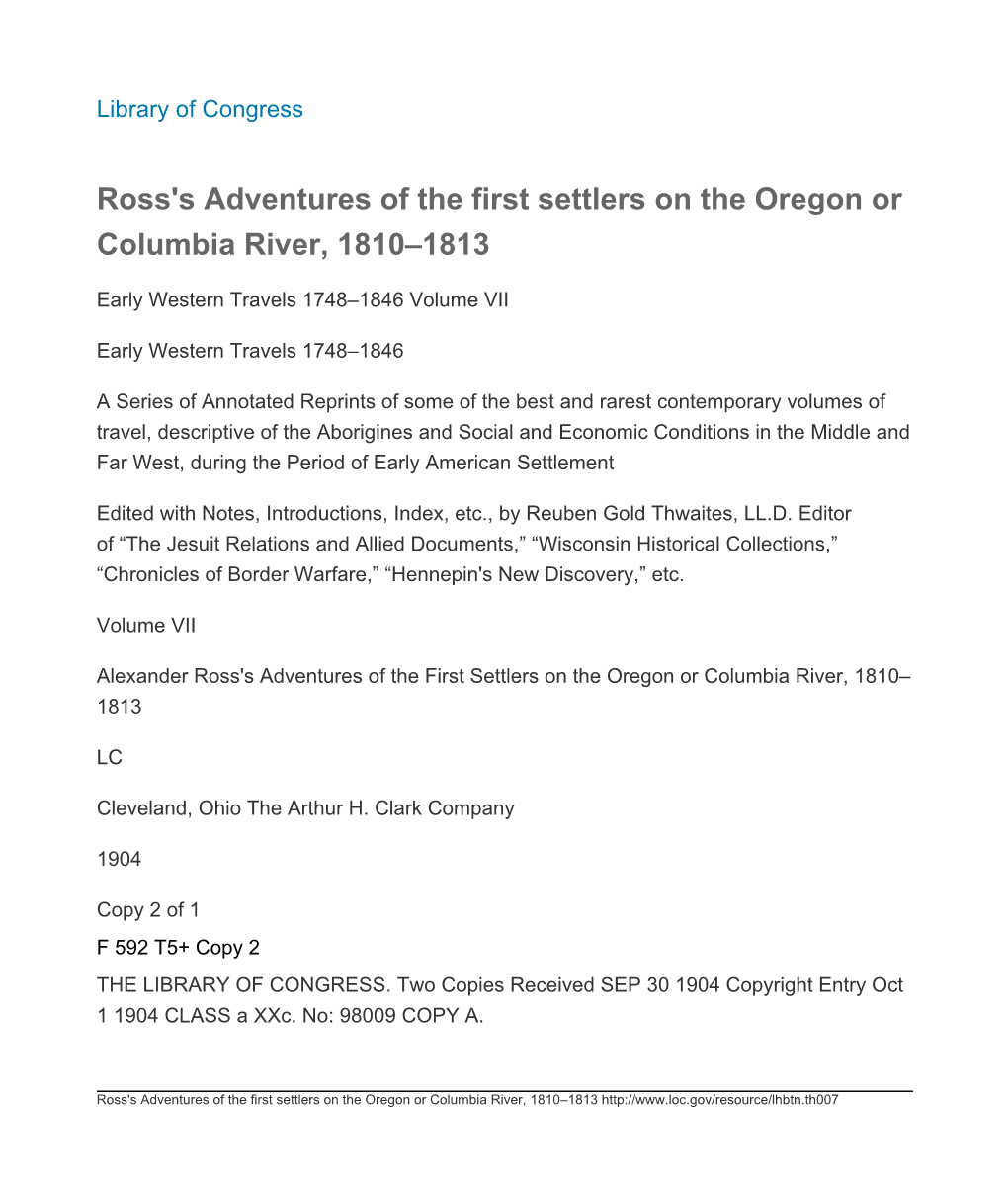 Ross's Adventures of the First Settlers on the Oregon Or Columbia River, 1810–1813