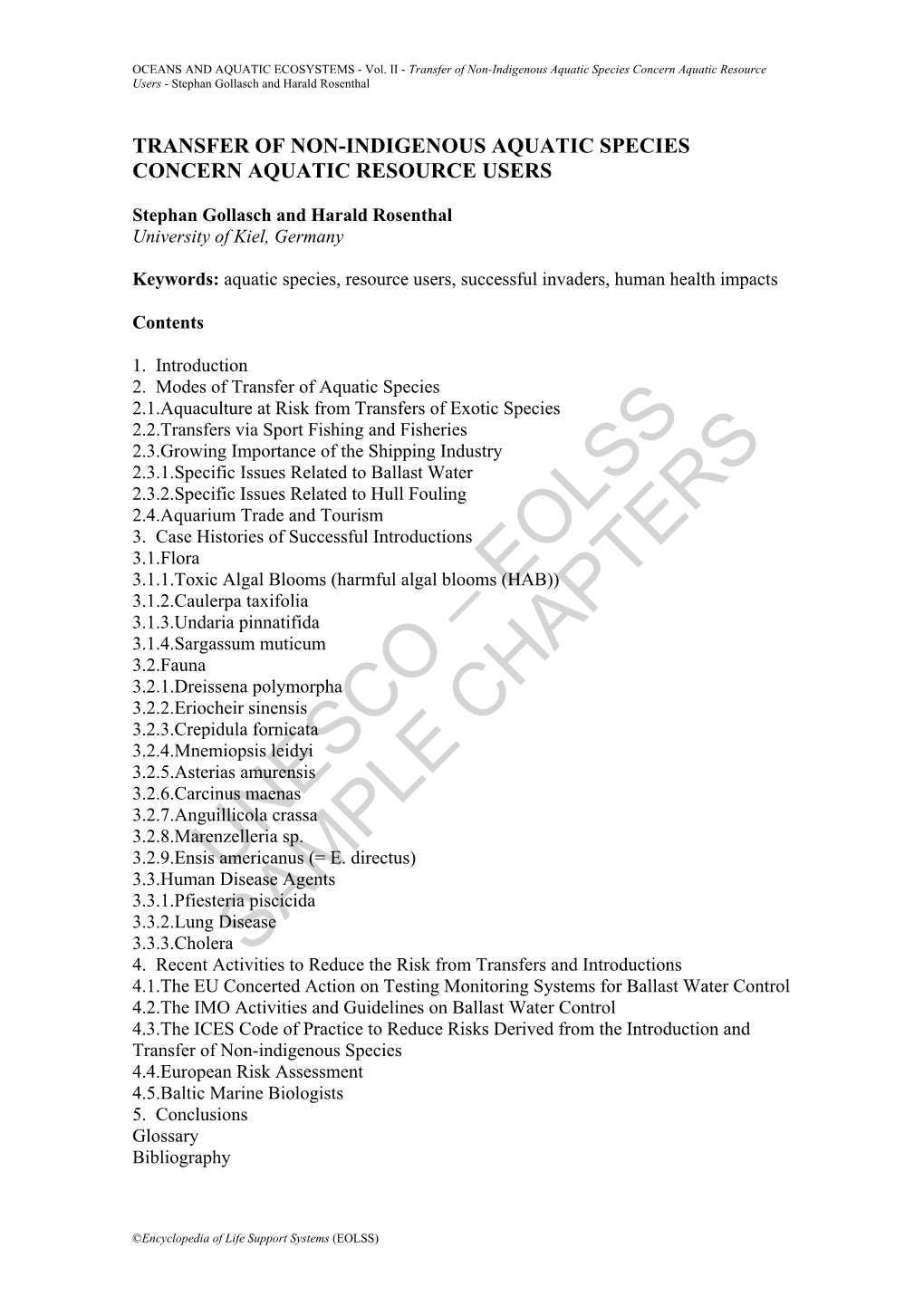 Transfer of Non-Indigenous Aquatic Species Concern to Aquatic