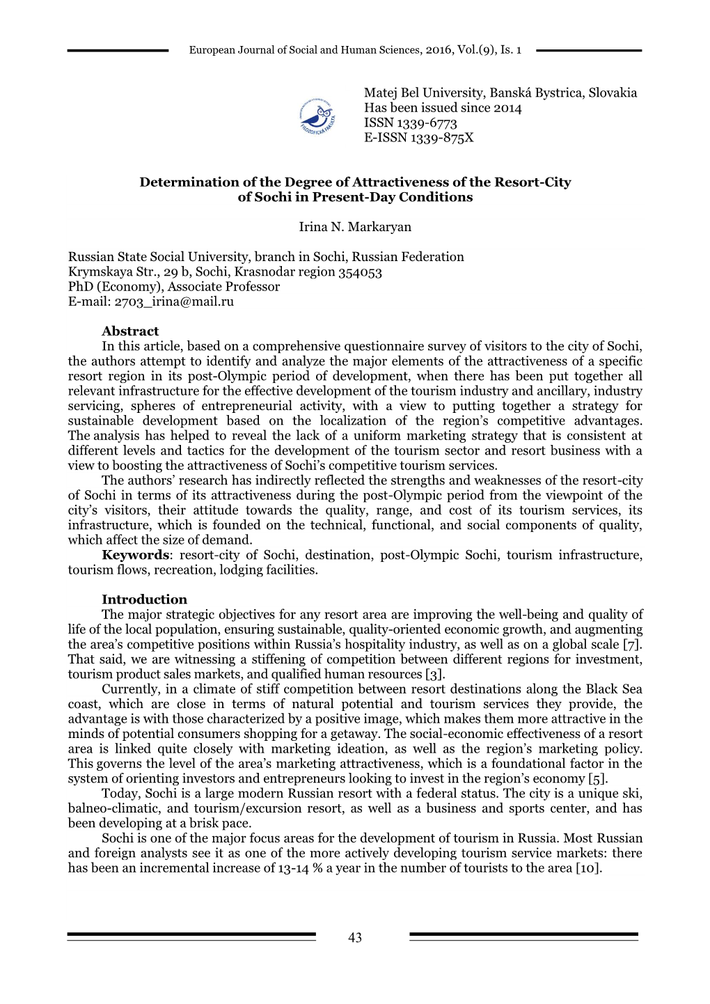 Determination of the Degree of Attractiveness of the Resort-City of Sochi in Present-Day Conditions
