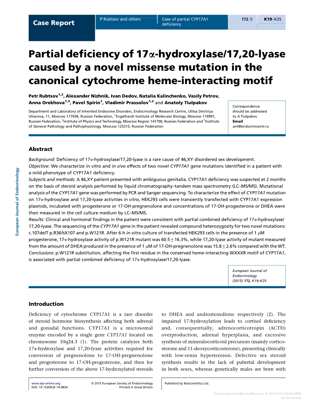 Partial Deficiency of 17A-Hydroxylase/17,20-Lyase