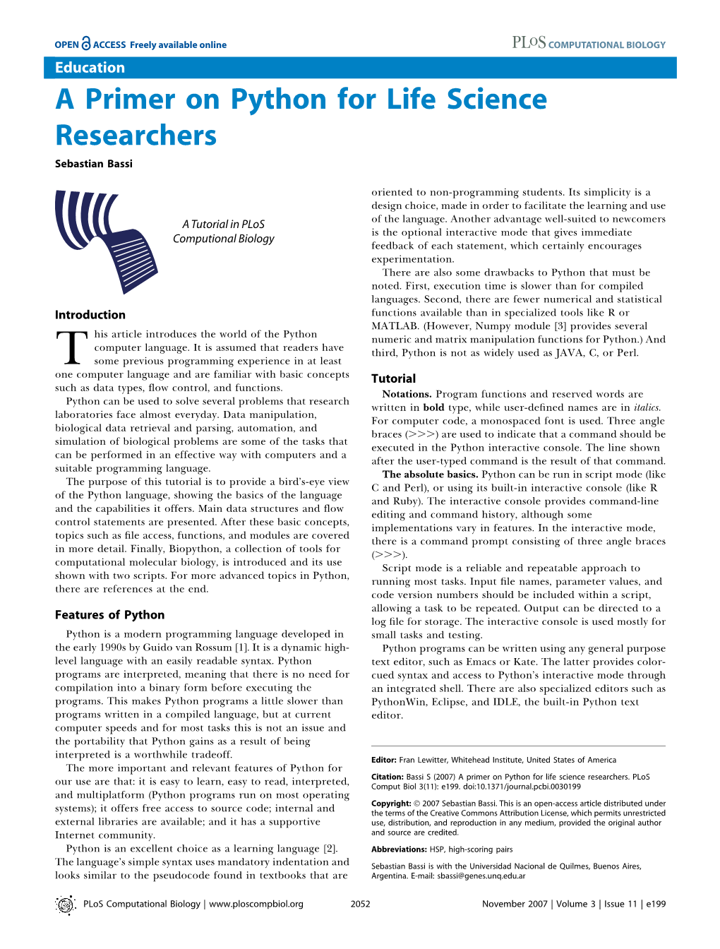 A Primer on Python for Life Science Researchers Sebastian Bassi