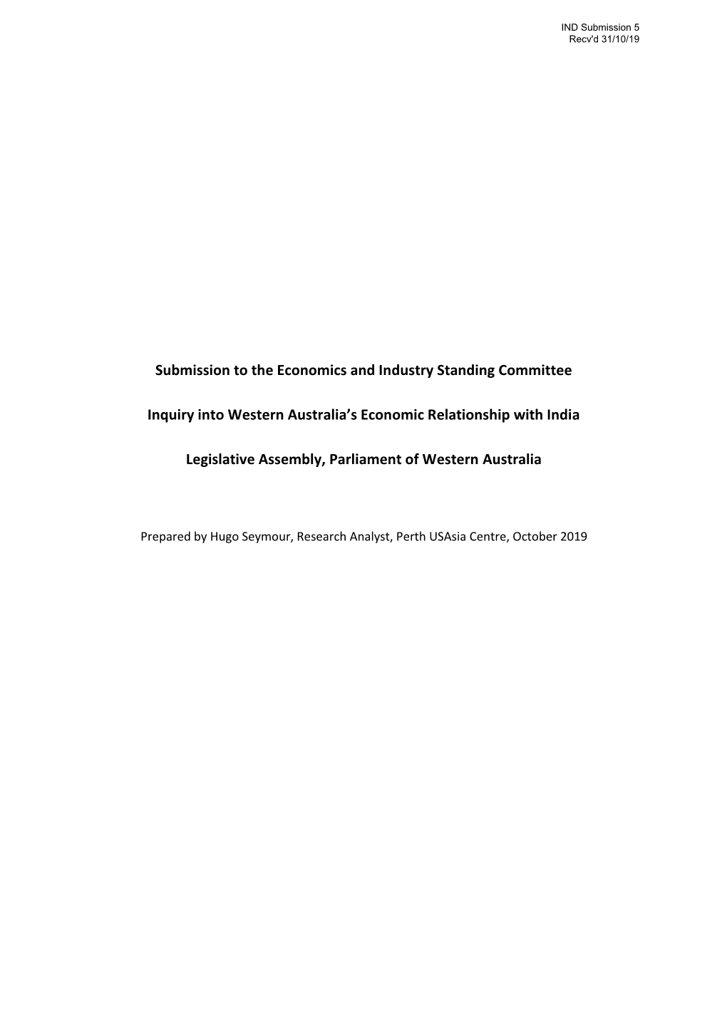 Submission to the Economics and Industry Standing Committee Inquiry Into Western Australia's Economic Relationship with India