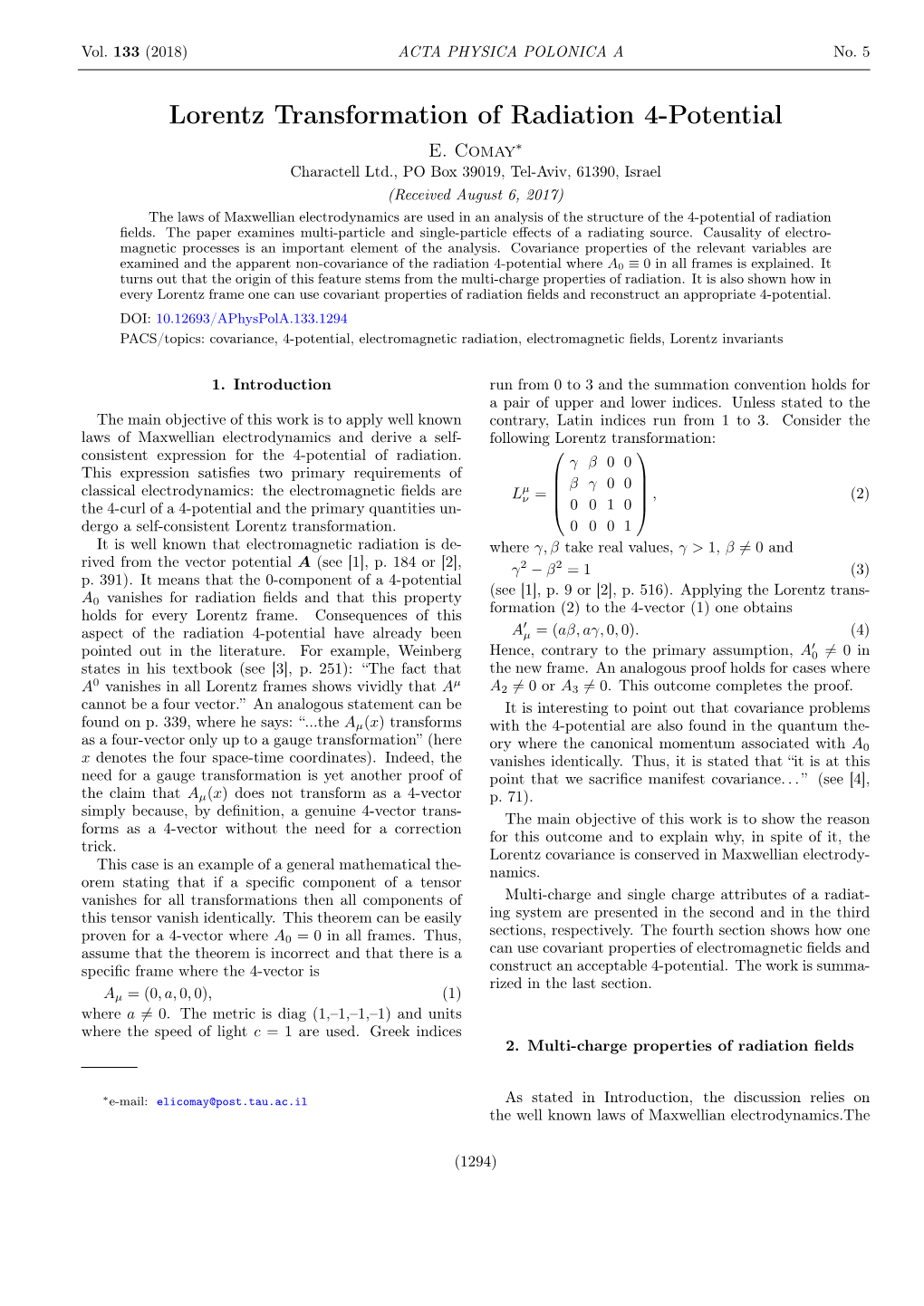 Lorentz Transformation of Radiation 4-Potential E