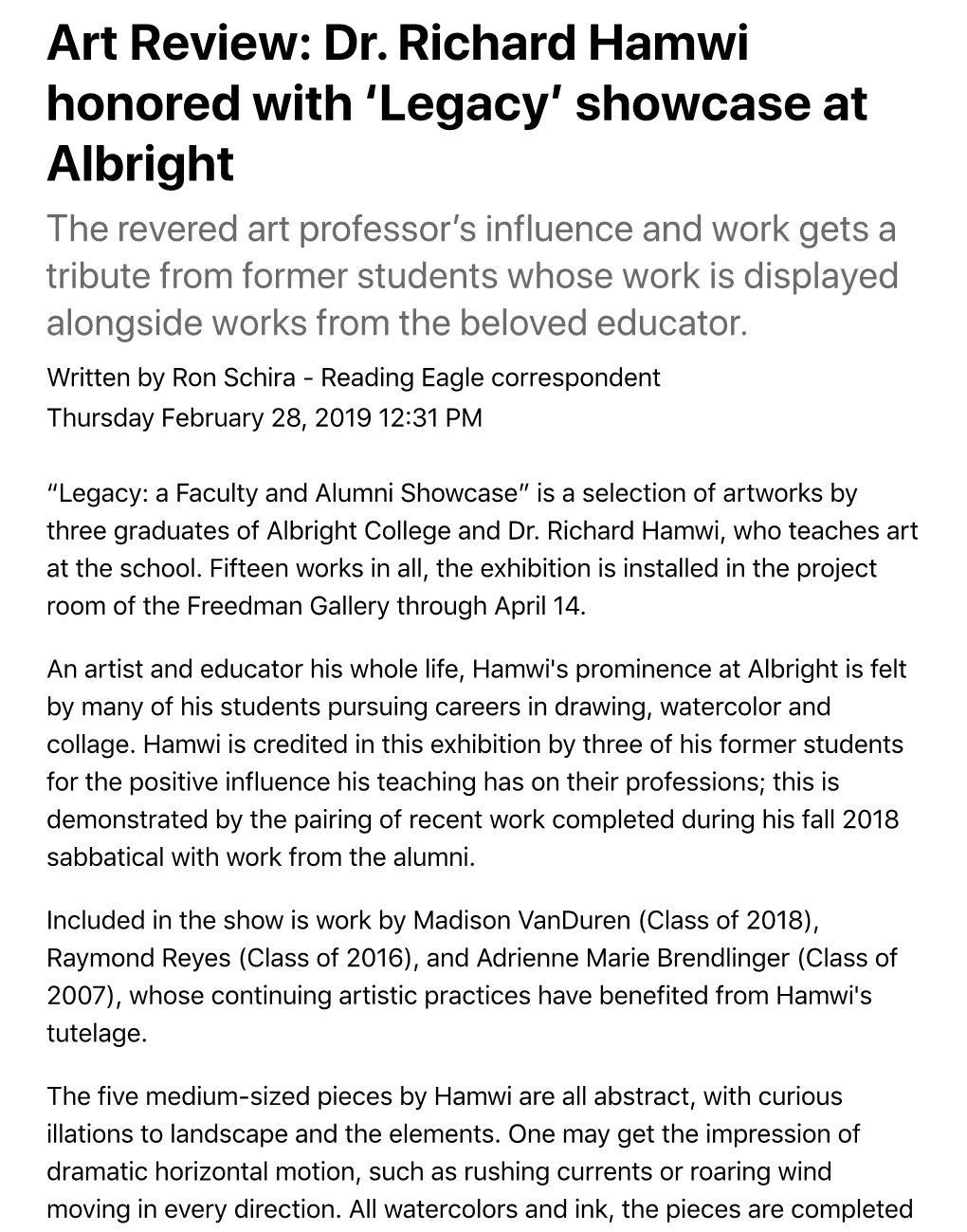 Art Review: Dr. Richard Hamwi Honored with 'Legacyʼ Showcase at Albright
