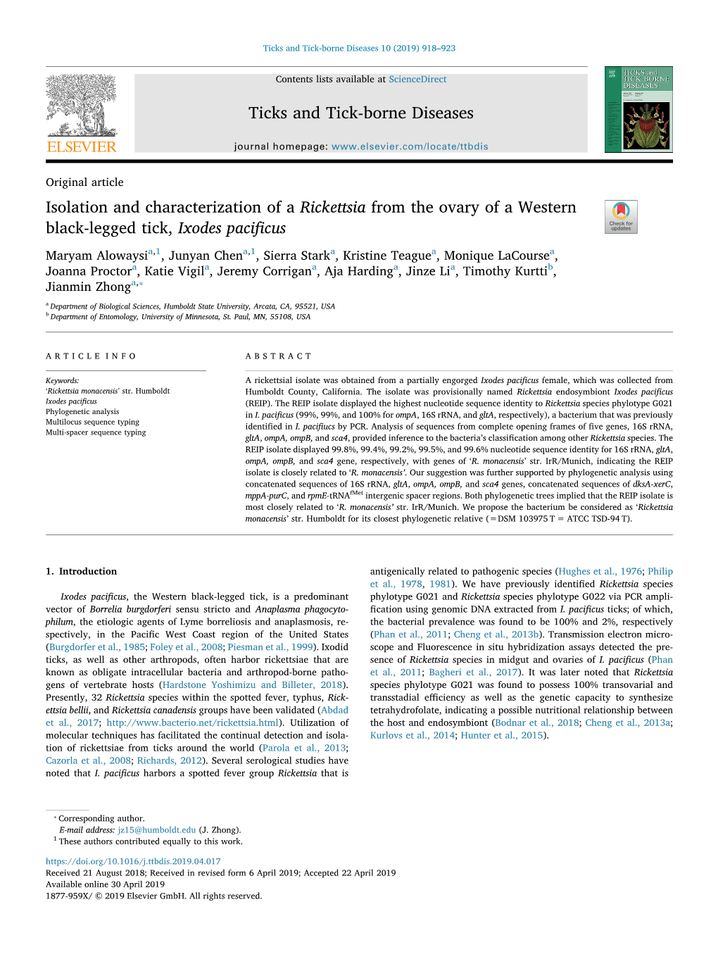 Isolation and Characterization of a Rickettsia from the Ovary of a Western Black-Legged Tick, Ixodes Paciﬁcus T