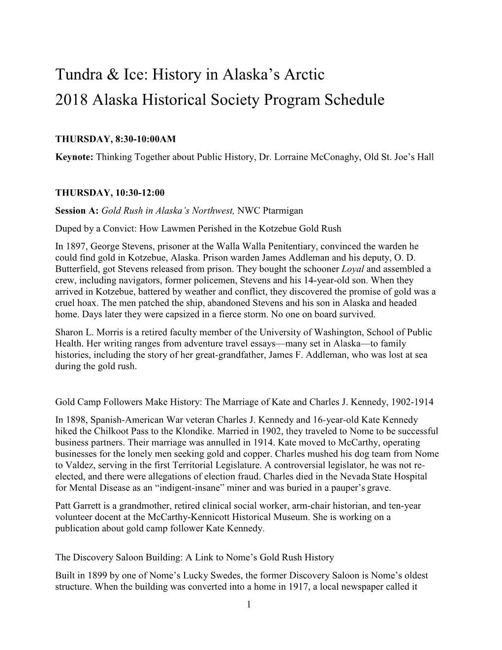 History in Alaska's Arctic 2018 Alaska Historical Society Program Schedule