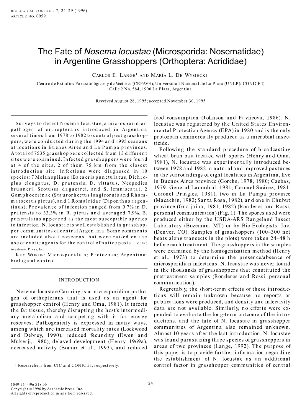 The Fate of Nosema Locustae (Microsporida: Nosematidae) in Argentine Grasshoppers (Orthoptera: Acrididae)