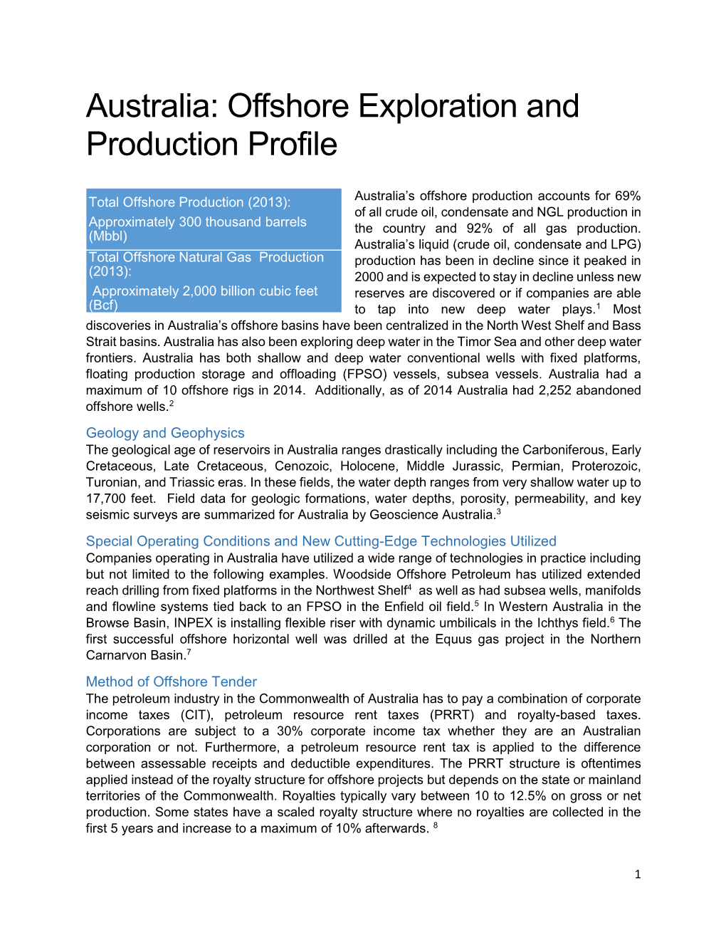 Australia: Offshore Exploration and Production Profile