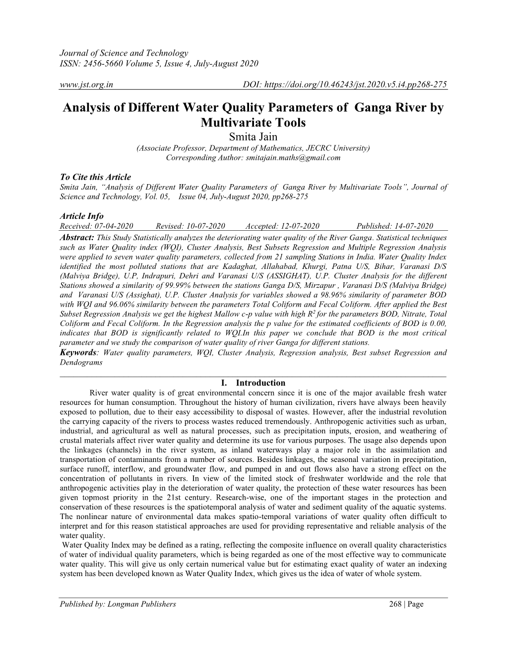 Analysis of Different Water Quality Parameters of Ganga River By