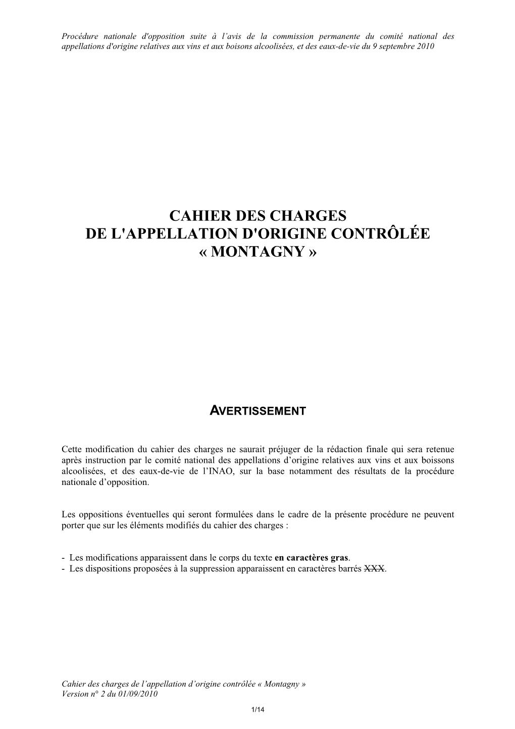 Cahier Des Charges De L'appellation D'origine Contrôlée « Montagny »