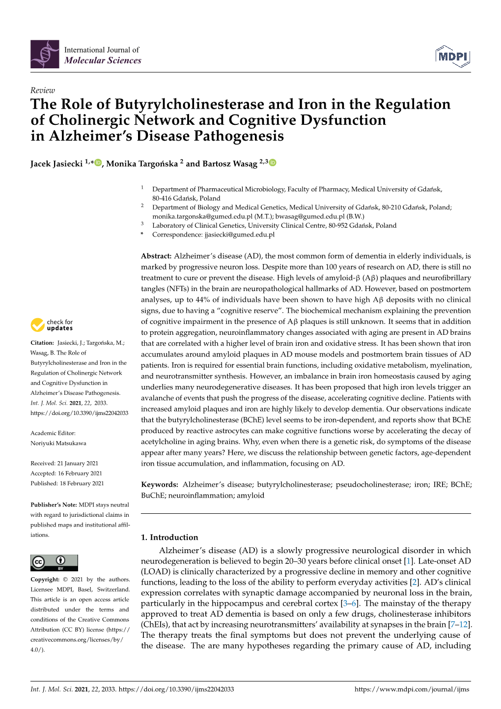 The Role of Butyrylcholinesterase and Iron in the Regulation of Cholinergic Network and Cognitive Dysfunction in Alzheimer’S Disease Pathogenesis