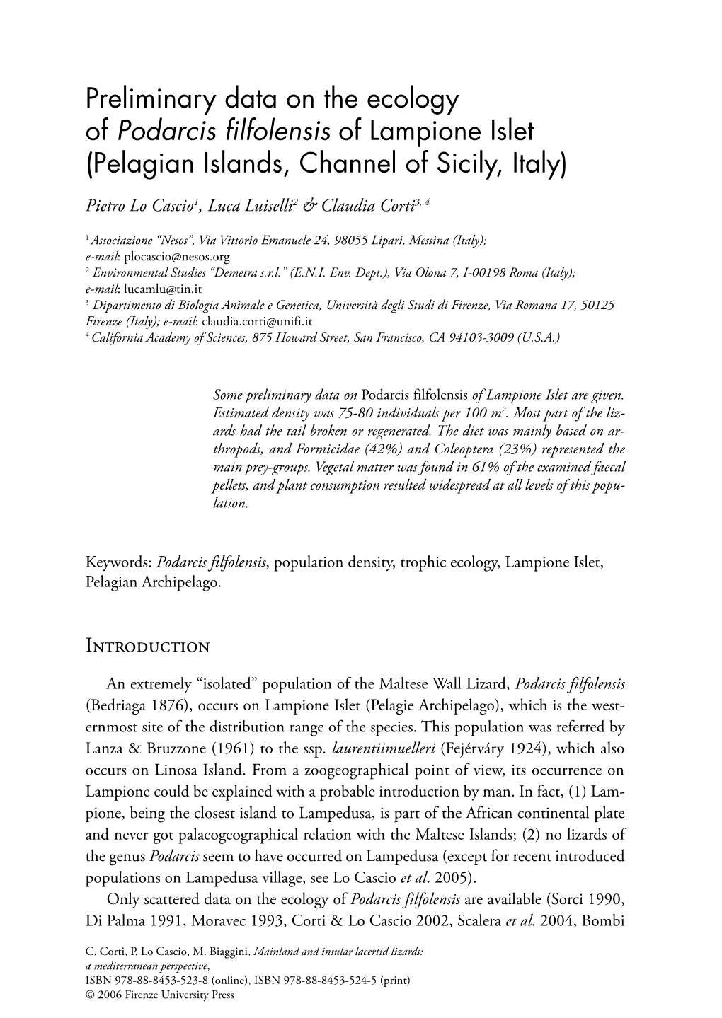 Preliminary Data on the Ecology of Podarcis Filfolensis of Lampione Islet (Pelagian Islands, Channel of Sicily, Italy)