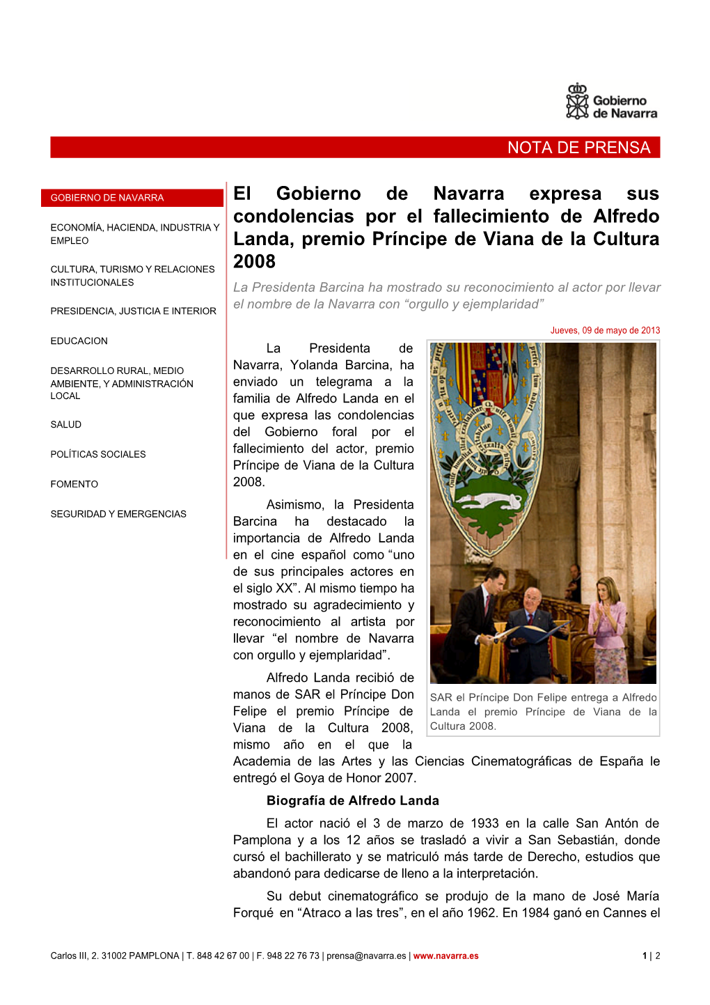 El Gobierno De Navarra Expresa Sus Condolencias Por El Fallecimiento De Alfredo ECONOMÍA, HACIENDA, INDUSTRIA Y EMPLEO Landa, Premio Príncipe De Viana De La Cultura