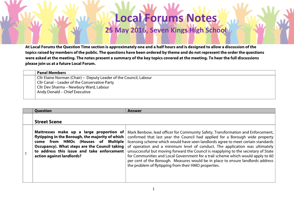 Local Forums Notes 25 May 2016, Seven Kings High School