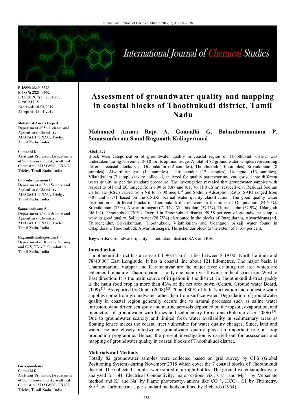 Assessment of Groundwater Quality and Mapping in Coastal Blocks Of