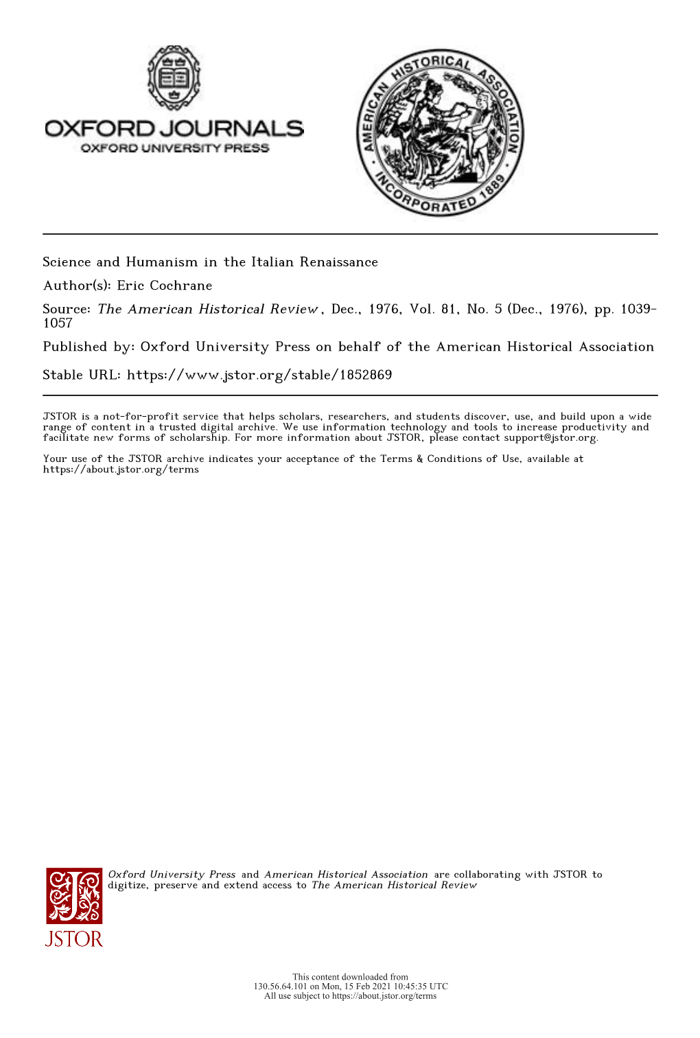 Science and Humanism in the Italian Renaissance Author(S): Eric Cochrane Source: the American Historical Review , Dec., 1976, Vol