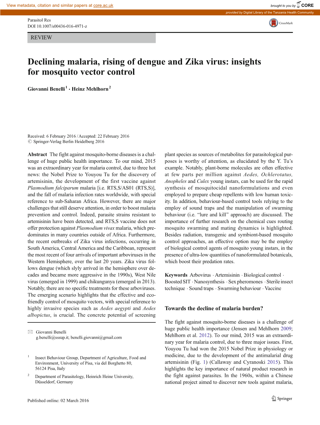 Declining Malaria, Rising of Dengue and Zika Virus: Insights for Mosquito Vector Control