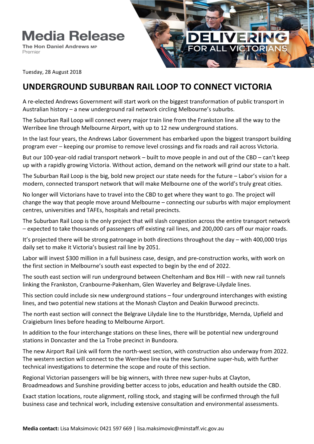 Underground Suburban Rail Loop to Connect Victoria