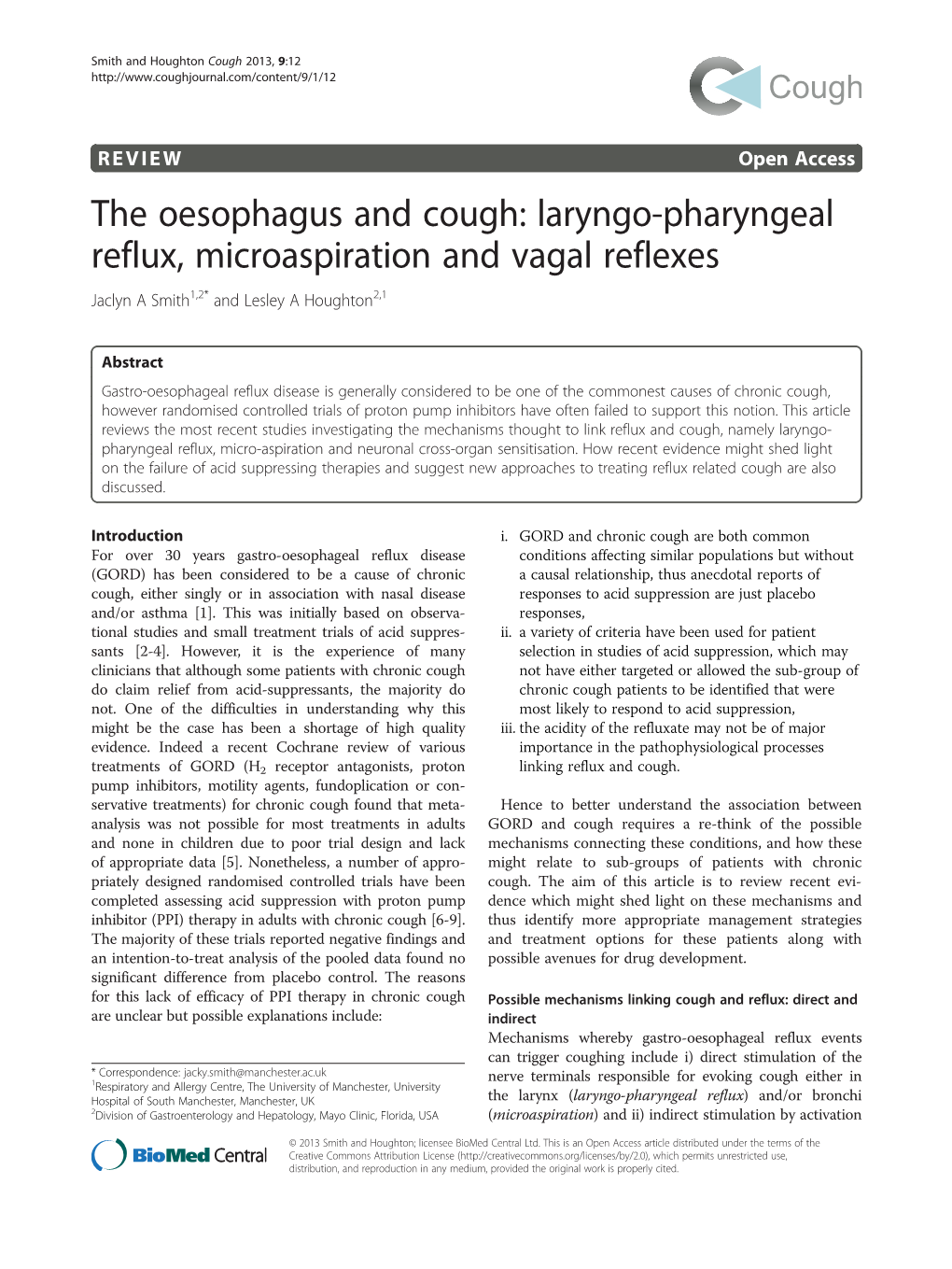 Laryngo-Pharyngeal Reflux, Microaspiration and Vagal Reflexes Jaclyn a Smith1,2* and Lesley a Houghton2,1