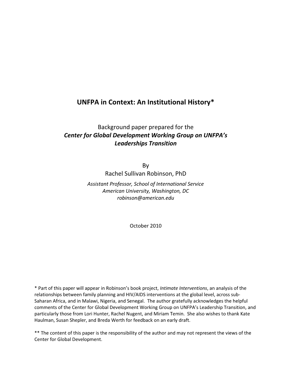 UNFPA in Context: an Institutional History*