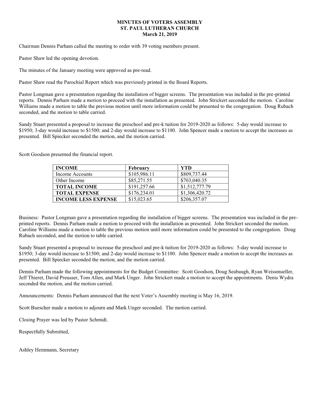 MINUTES of VOTERS ASSEMBLY ST. PAUL LUTHERAN CHURCH March 21, 2019