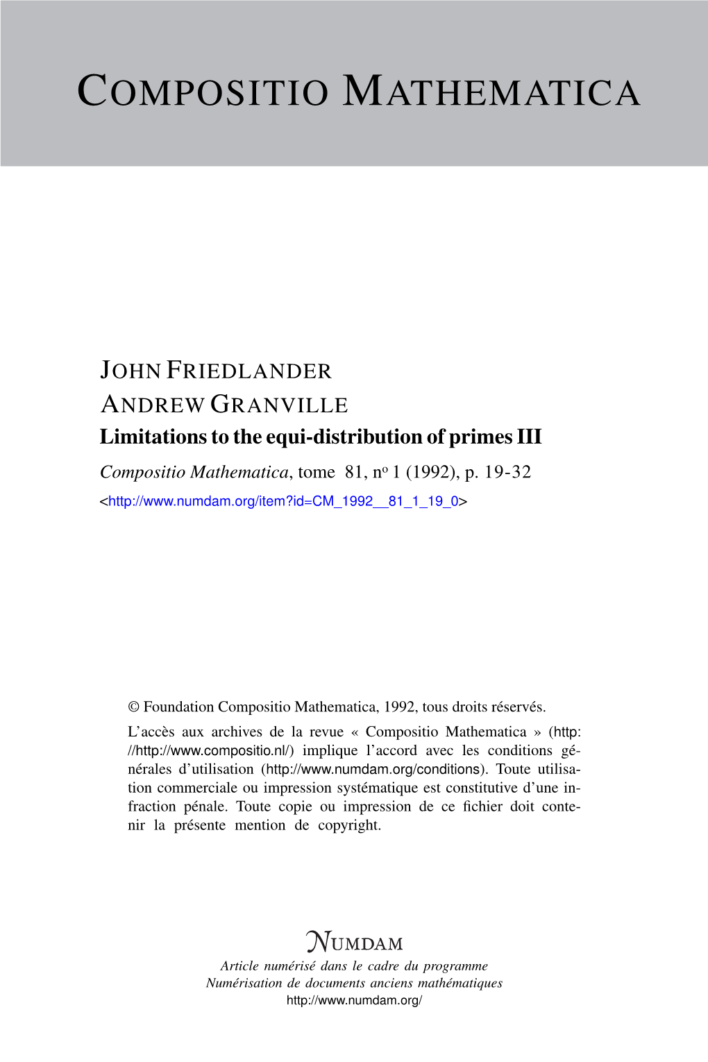 Limitations to the Equi-Distribution of Primes III Compositio Mathematica, Tome 81, No 1 (1992), P