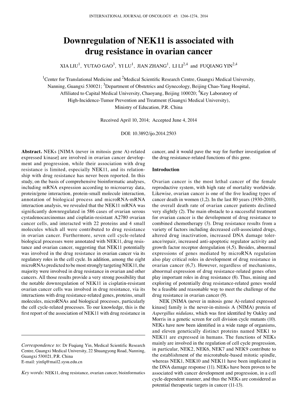 Downregulation of NEK11 Is Associated with Drug Resistance in Ovarian Cancer