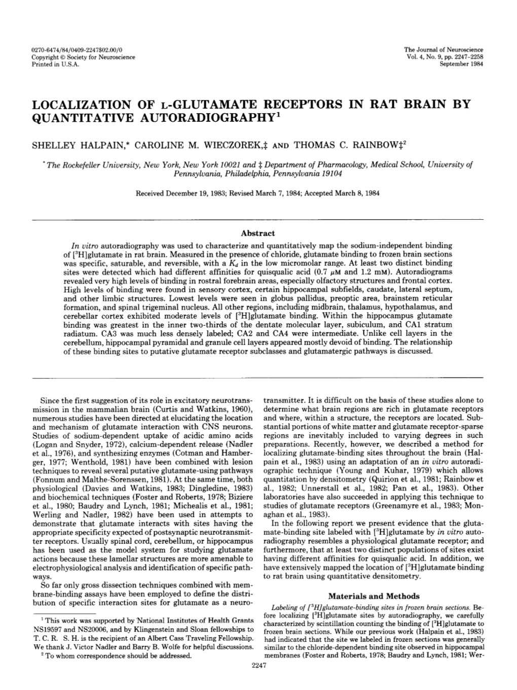 Localization of L-Glutamate Receptors in Rat Brain by Quantitative Autoradiography’