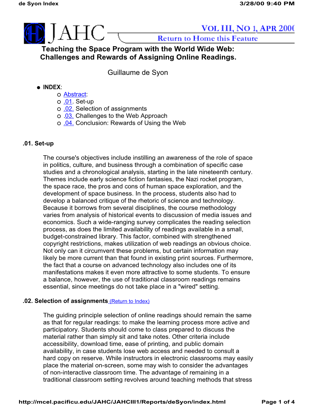 Teaching the Space Program with the World Wide Web: Challenges and Rewards of Assigning Online Readings