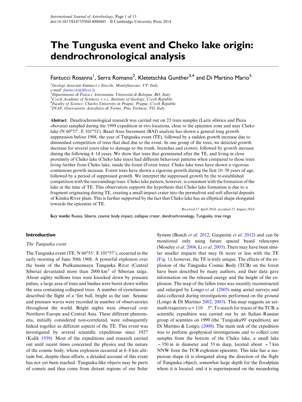 The Tunguska Event and Cheko Lake Origin: Dendrochronological Analysis