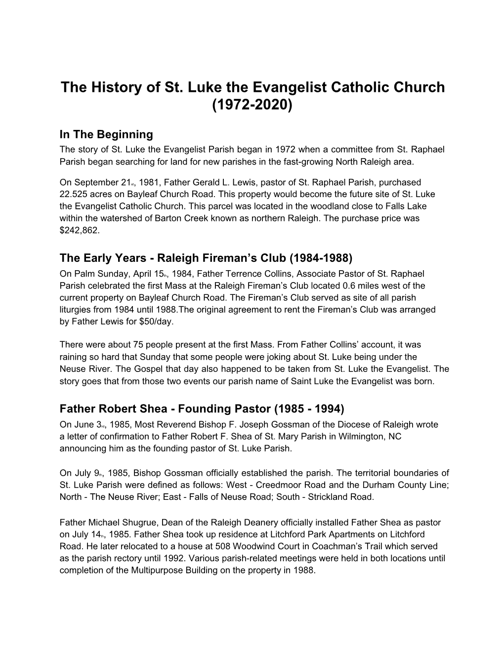 The History of St. Luke the Evangelist Catholic Church (1972-2020)