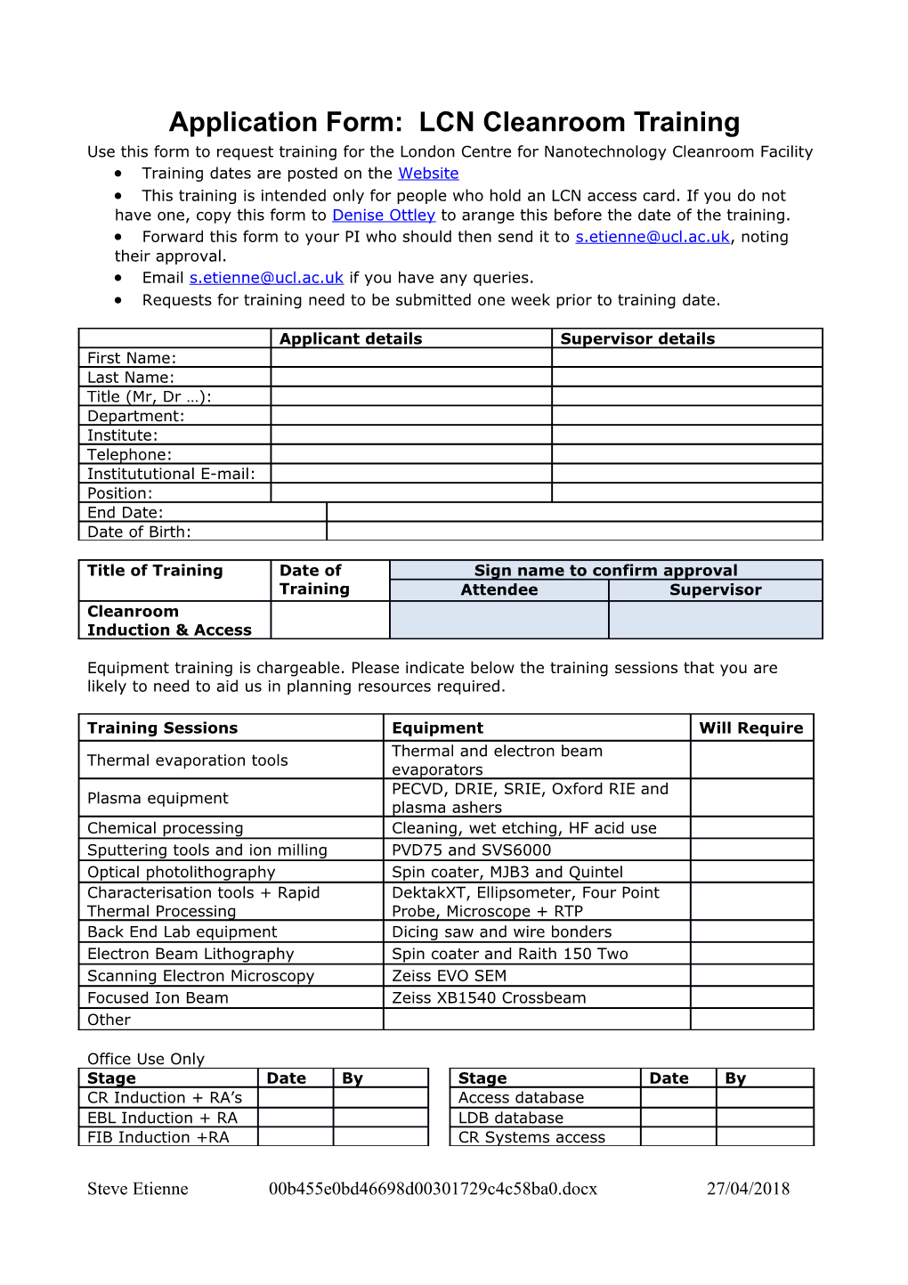 Application Form: LCN Cleanroom Training