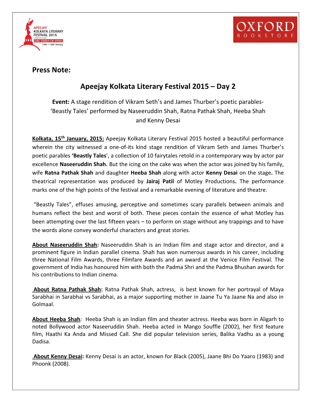 Press Note: Apeejay Kolkata Literary Festival 2015 – Day 2