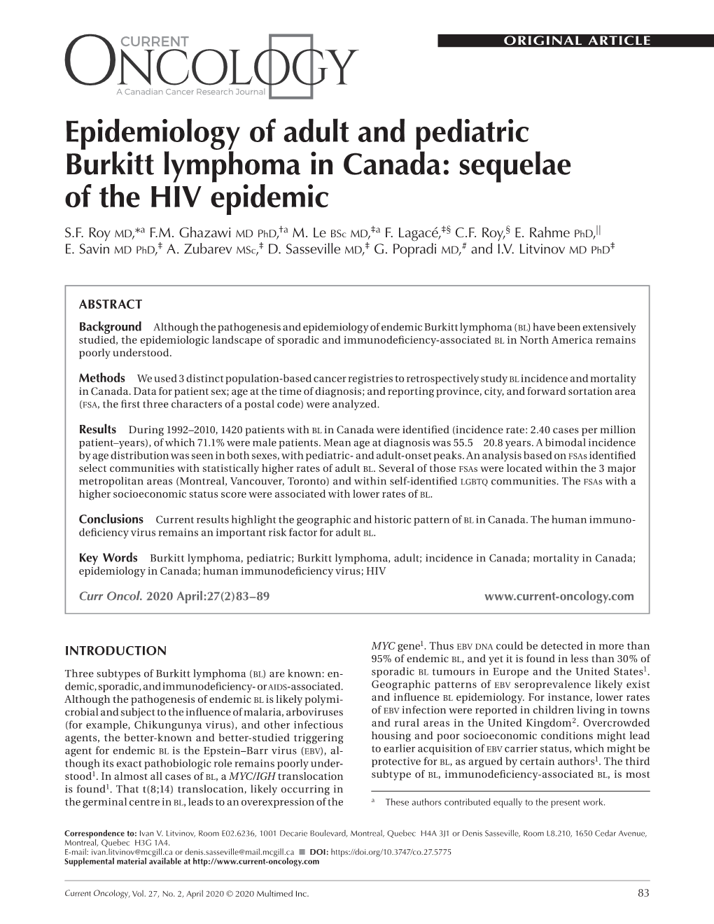 Epidemiology of Adult and Pediatric Burkitt Lymphoma in Canada: Sequelae of the HIV Epidemic