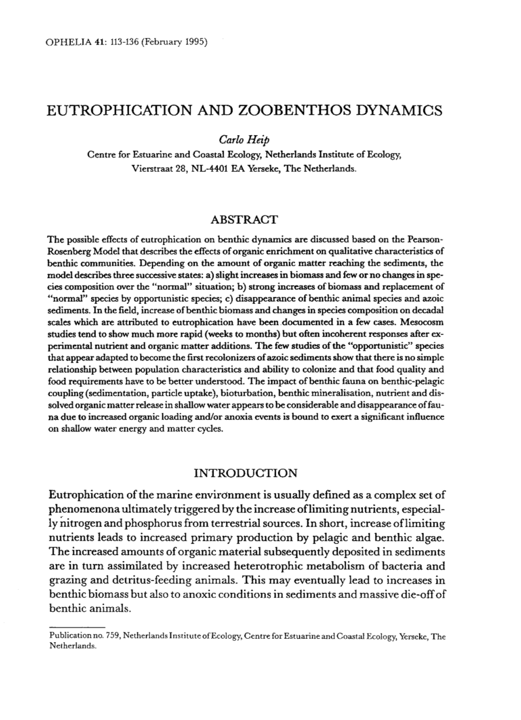 Eutrophication and Zoobenthos Dynamics