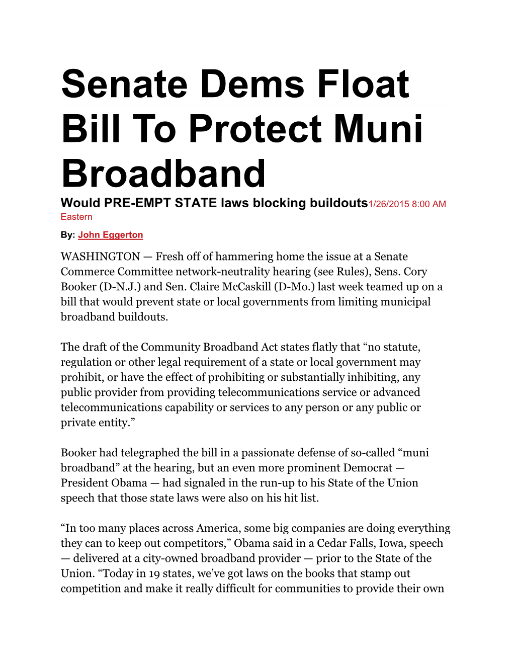 Senate Dems Float Bill to Protect Muni Broadband