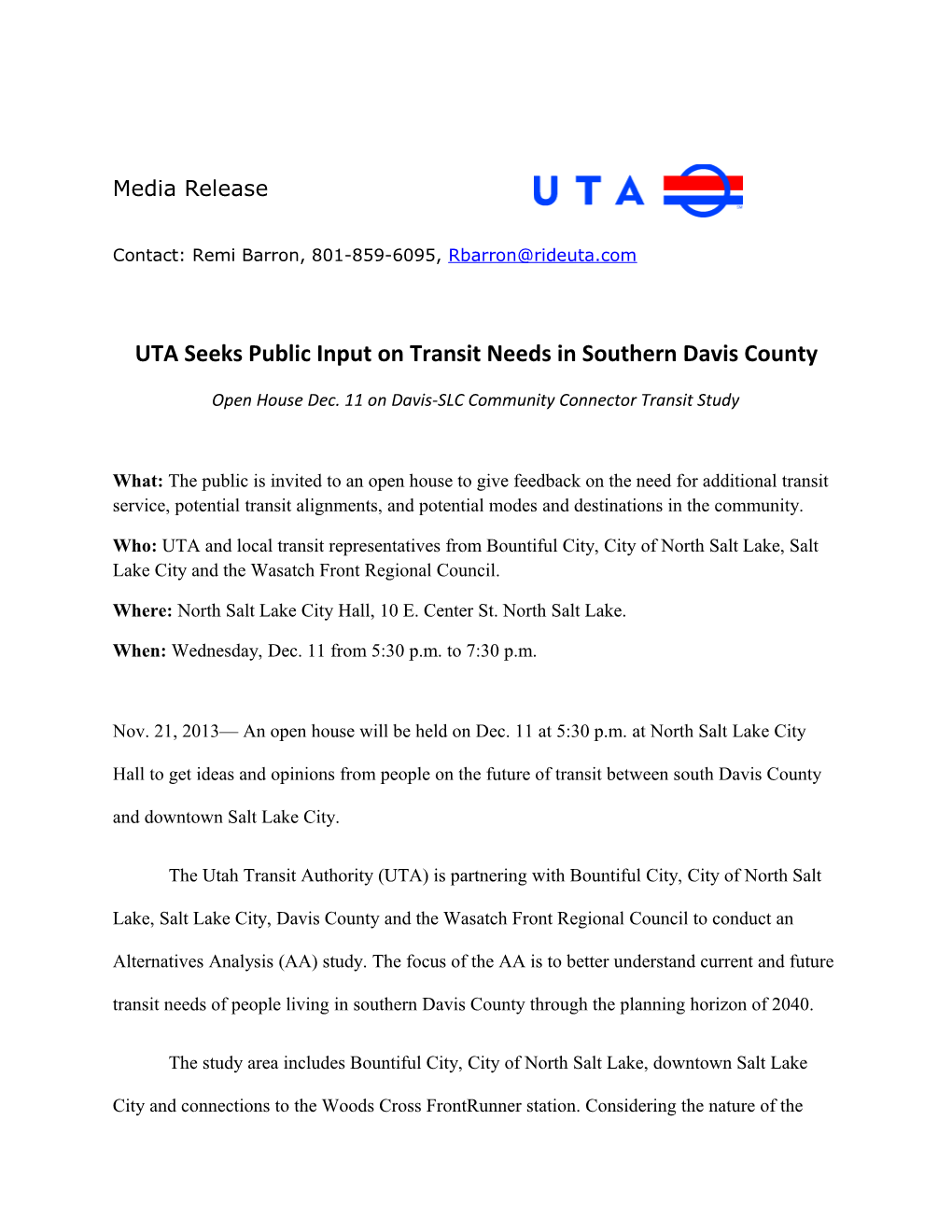 UTA Seeks Public Input on Transit Needs in Southern Davis County