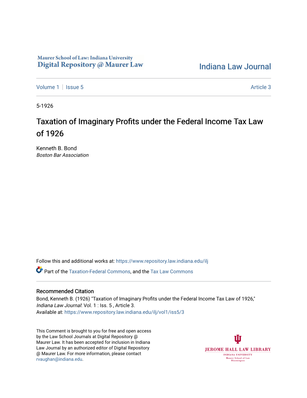 Taxation of Imaginary Profits Under the Federal Income Tax Law of 1926