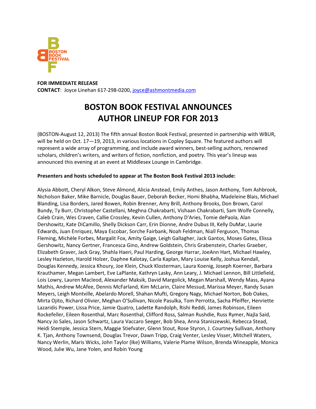 Boston Book Festival Announces Author Lineup for for 2013