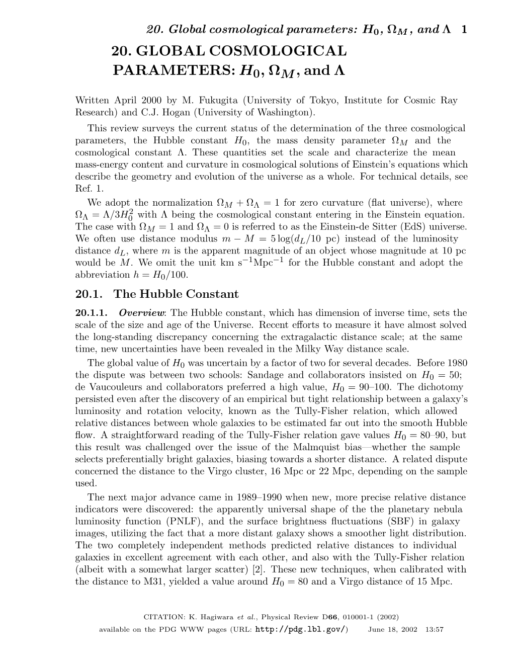 20. Global Cosmological Parameters: H0, ΩM ,Andλ 1 20