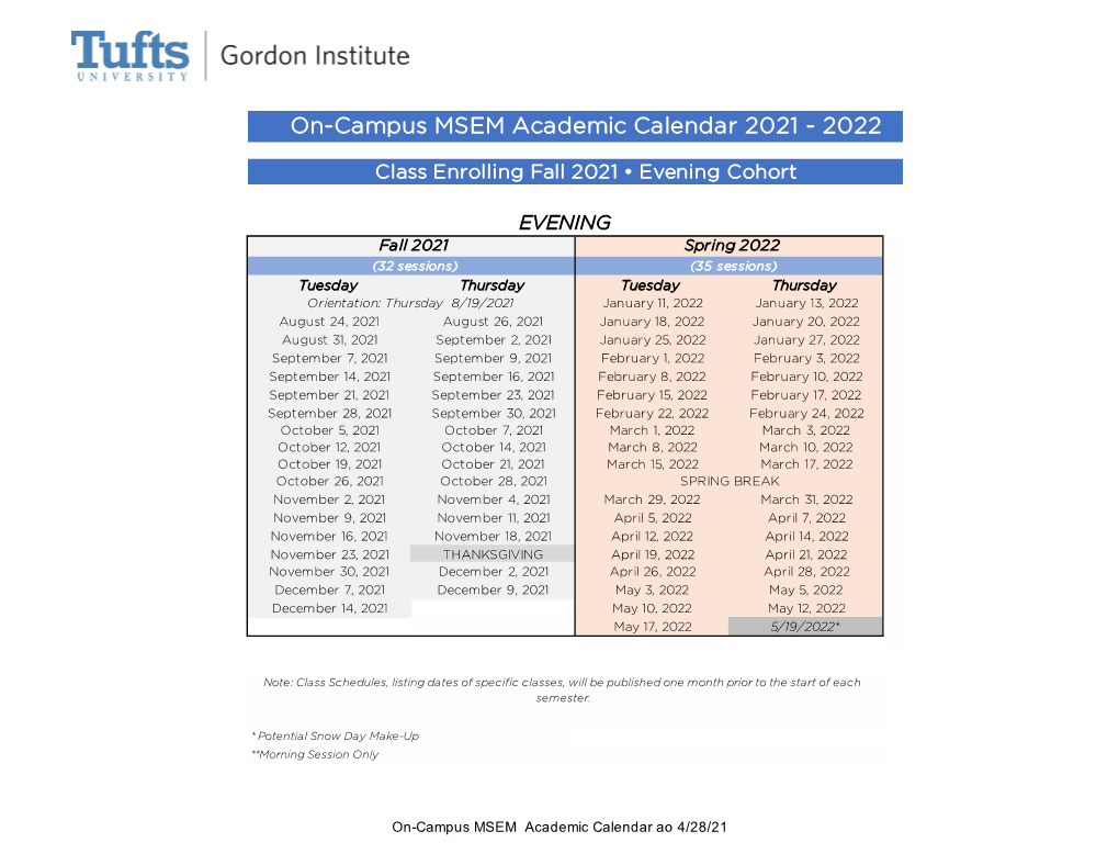 On-Campus MSEM Academic Calendar 2021 - 2022