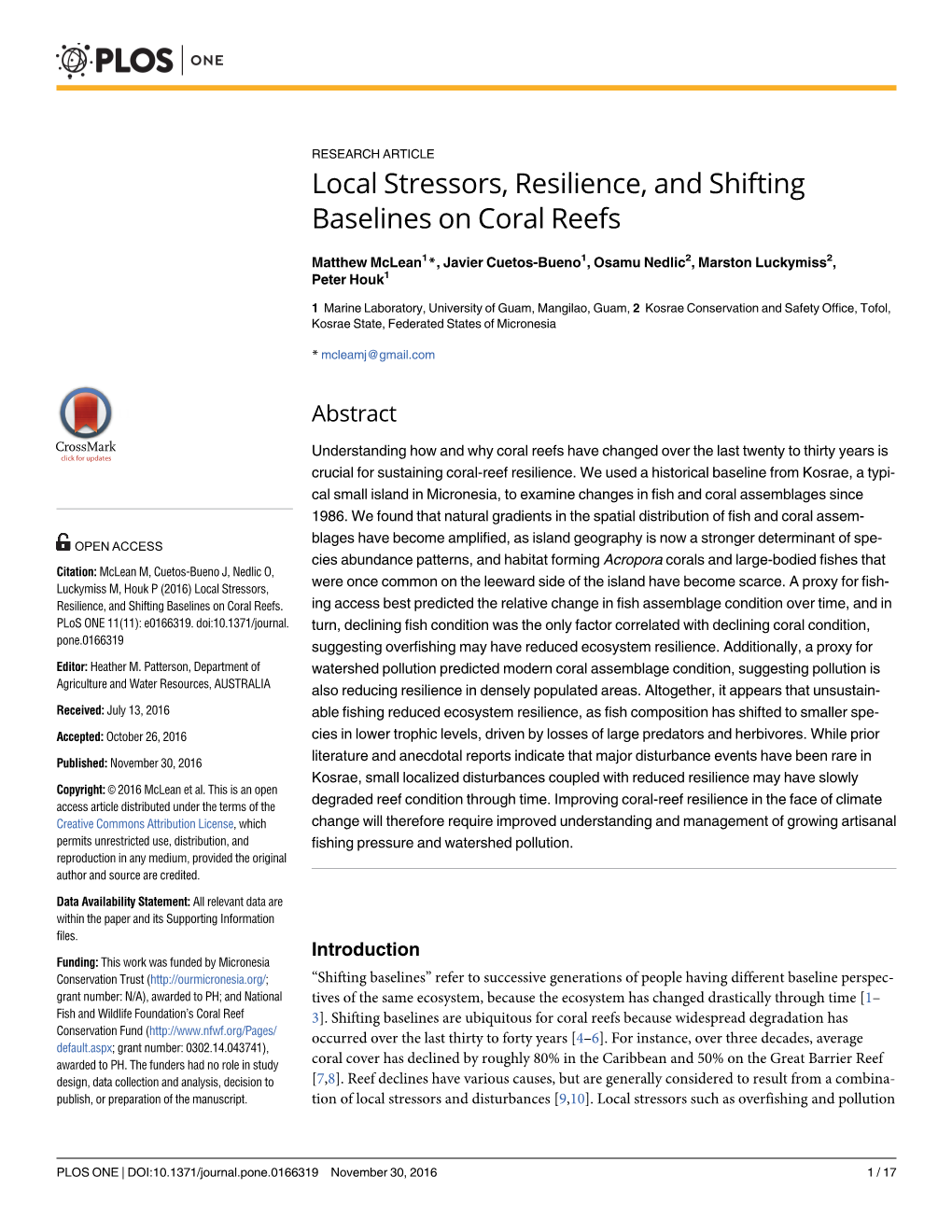 Local Stressors, Resilience, and Shifting Baselines on Coral Reefs
